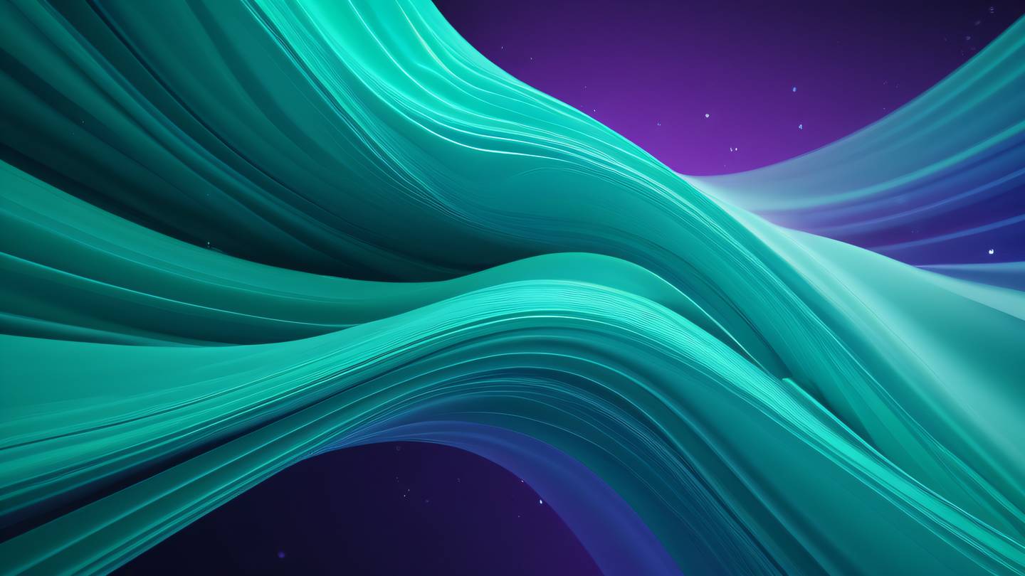 Dynamic abstract composition showing parallel flowing lines in bright emerald and turquoise colors with crystalline structures floating in a gradient violet space background high-quality ultra-realistic cinematic 8K UHD high resolution sharp and detail