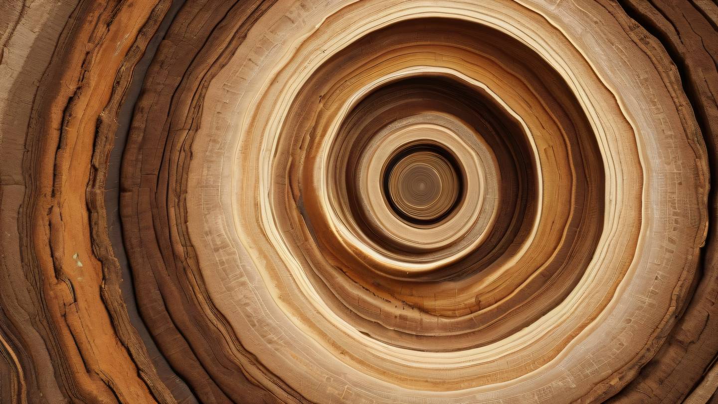 Abstract representation of time flow with natural earthy colors and golden accents featuring organic shapes and patterns reminiscent of tree rings and natural growth. Captured from a bird's eye view with subtle brush stroke textures and light rays filtering through the composition high-quality ultra-realistic cinematic 8K UHD high resolution sharp and detail