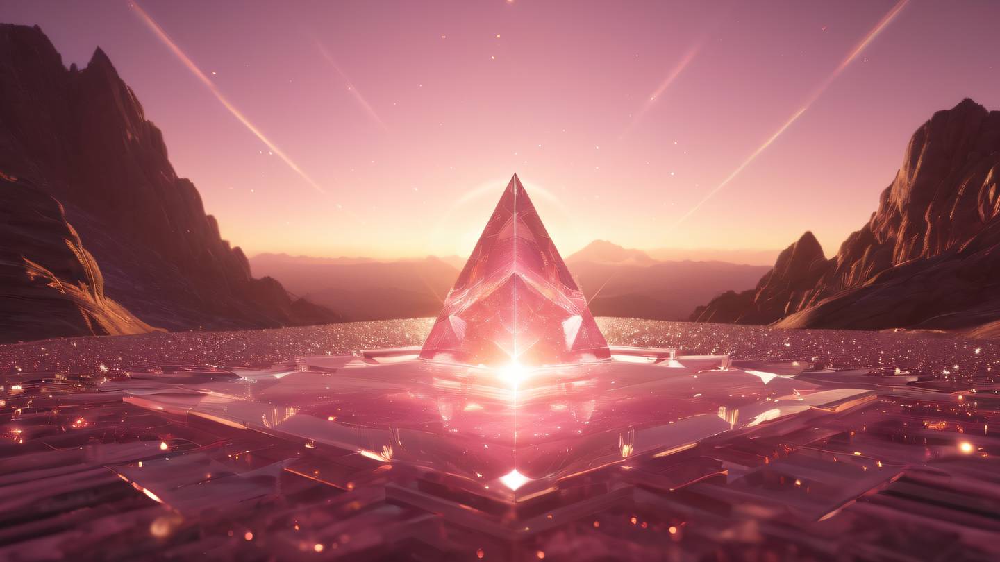 A celestial landscape with floating geometric crystals in pink and amber hues featuring sacred geometry patterns and ethereal light beams high-quality ultra-realistic cinematic 8K UHD high resolution sharp and detail