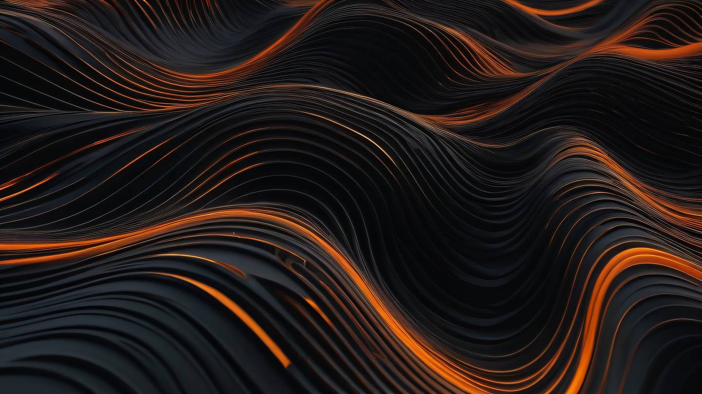 Dynamic abstract waves and curves in black and orange colors flowing like efficient code patterns captured from a bird's eye perspective high-quality ultra-realistic cinematic 8K UHD high resolution sharp and detail