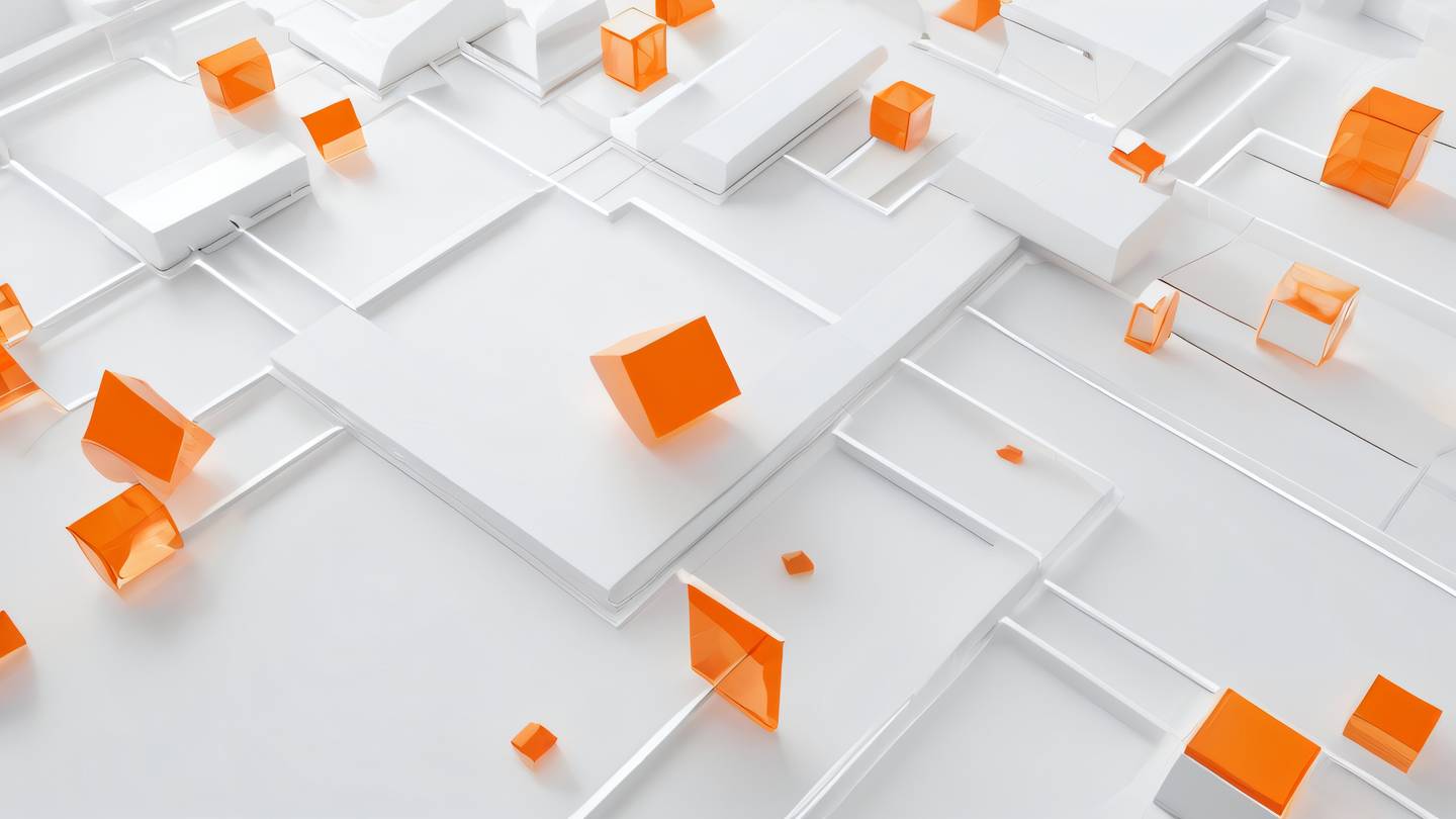 A modern minimalist workspace with floating geometric shapes representing data flow featuring bright orange and white crystalline structures against a pure white background shot from above with a top-down perspective high-quality ultra-realistic cinematic 8K UHD high resolution sharp and detail