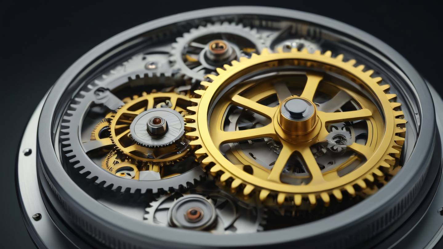 A minimalist clockwork mechanism with gears in motion featuring intricate details and metallic surfaces. The color scheme focuses on sunshine yellow and chrome silver. Shot from a top-down perspective with dramatic lighting. high-quality ultra-realistic cinematic 8K UHD high resolution sharp and detail