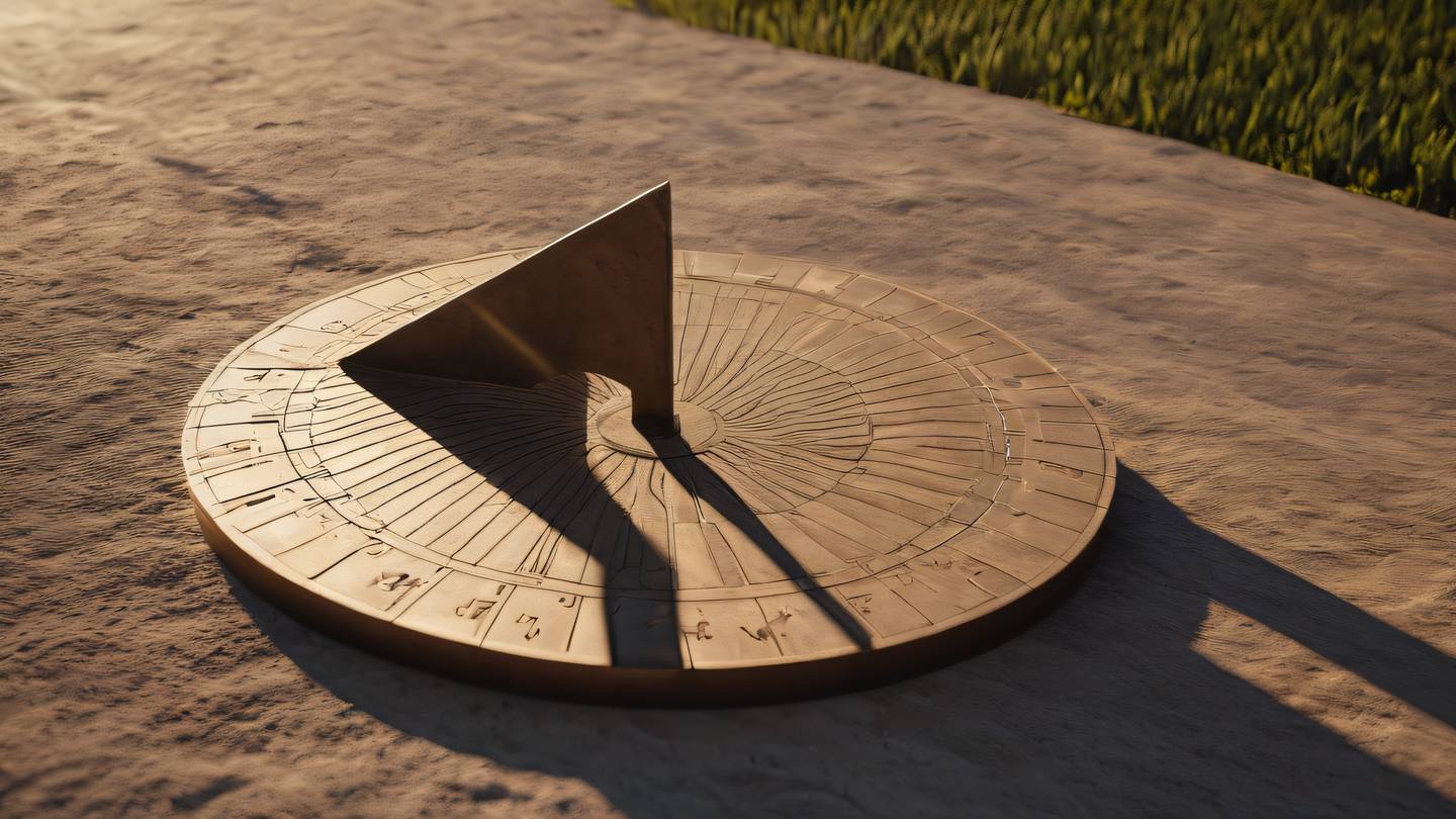 A serene landscape featuring a geometric sundial casting shadows photographed from a diagonal angle with warm walnut and iron tones mixed with cream highlights high-quality ultra-realistic cinematic 8K UHD high resolution sharp and detail