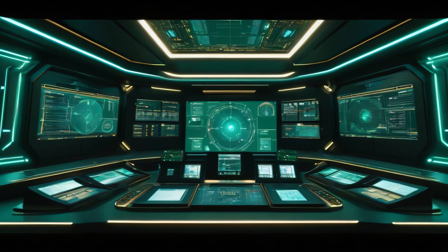 Futuristic command center with holographic displays floating in empty space rich emerald green and gold accents dashboard elements made of light shot from below looking up high-quality ultra-realistic cinematic 8K UHD high resolution sharp and detail