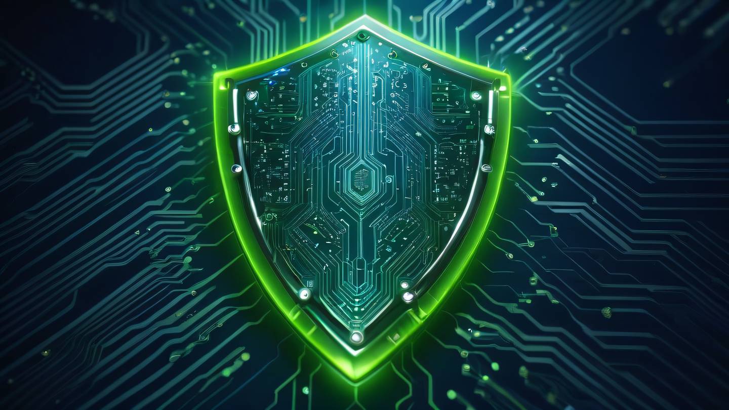 A modern abstract representation of a digital shield with glowing circuit patterns featuring bright lime green and silver pathways against a deep blue background high-quality ultra-realistic cinematic 8K UHD high resolution sharp and detail