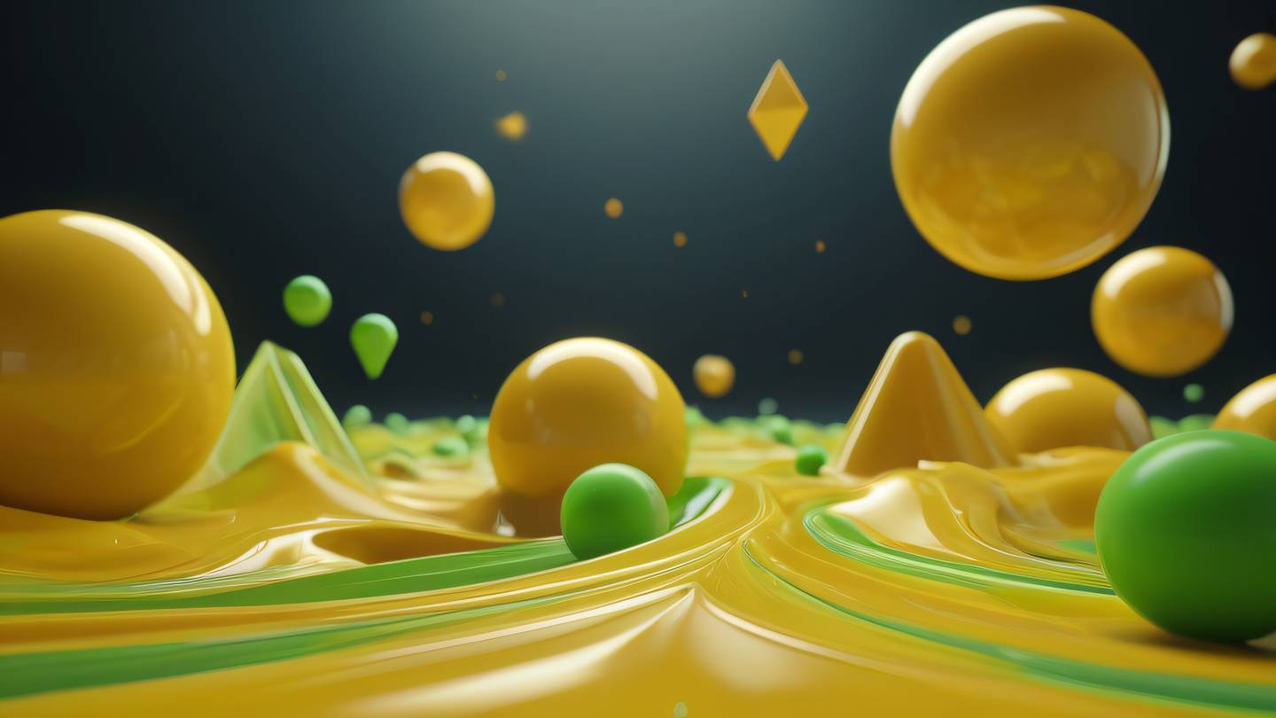 Abstract fluid 3D geometric shapes floating in space featuring Butterscotch yellow and Lime color palette high-quality ultra-realistic cinematic 8K UHD high resolution sharp and detail Abstract fluid 3D geometric shapes floating in space featuring Butterscotch yellow and Lime color palette high-quality ultra-realistic cinematic 8K UHD high resolution sharp and detail