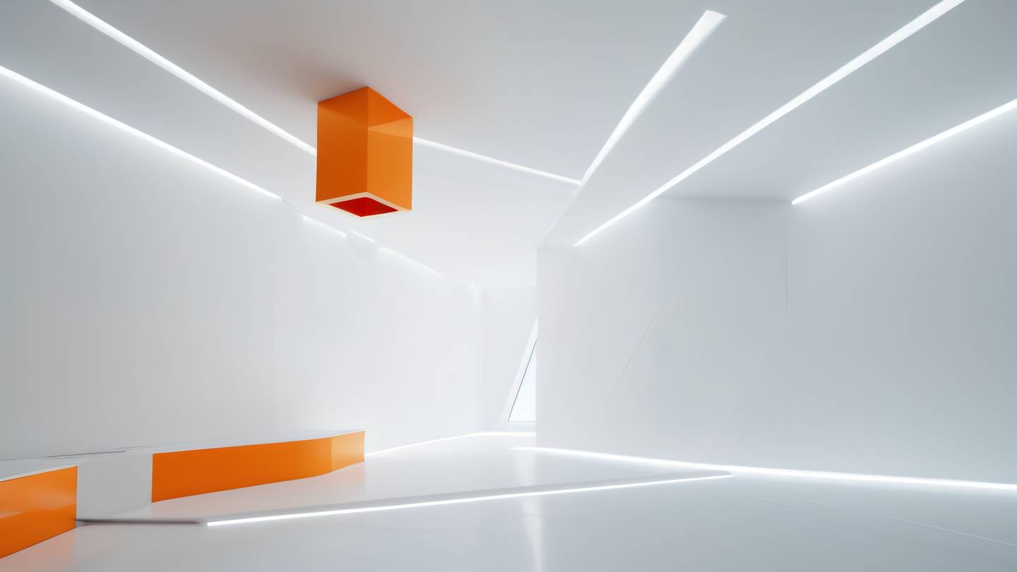 Futuristic minimalist interior with floating geometric shapes dominated by bright orange and white color scheme featuring clean lines and smooth surfaces high-quality ultra-realistic cinematic 8K UHD high resolution sharp and detail shot from a low angle perspective creating dramatic depth