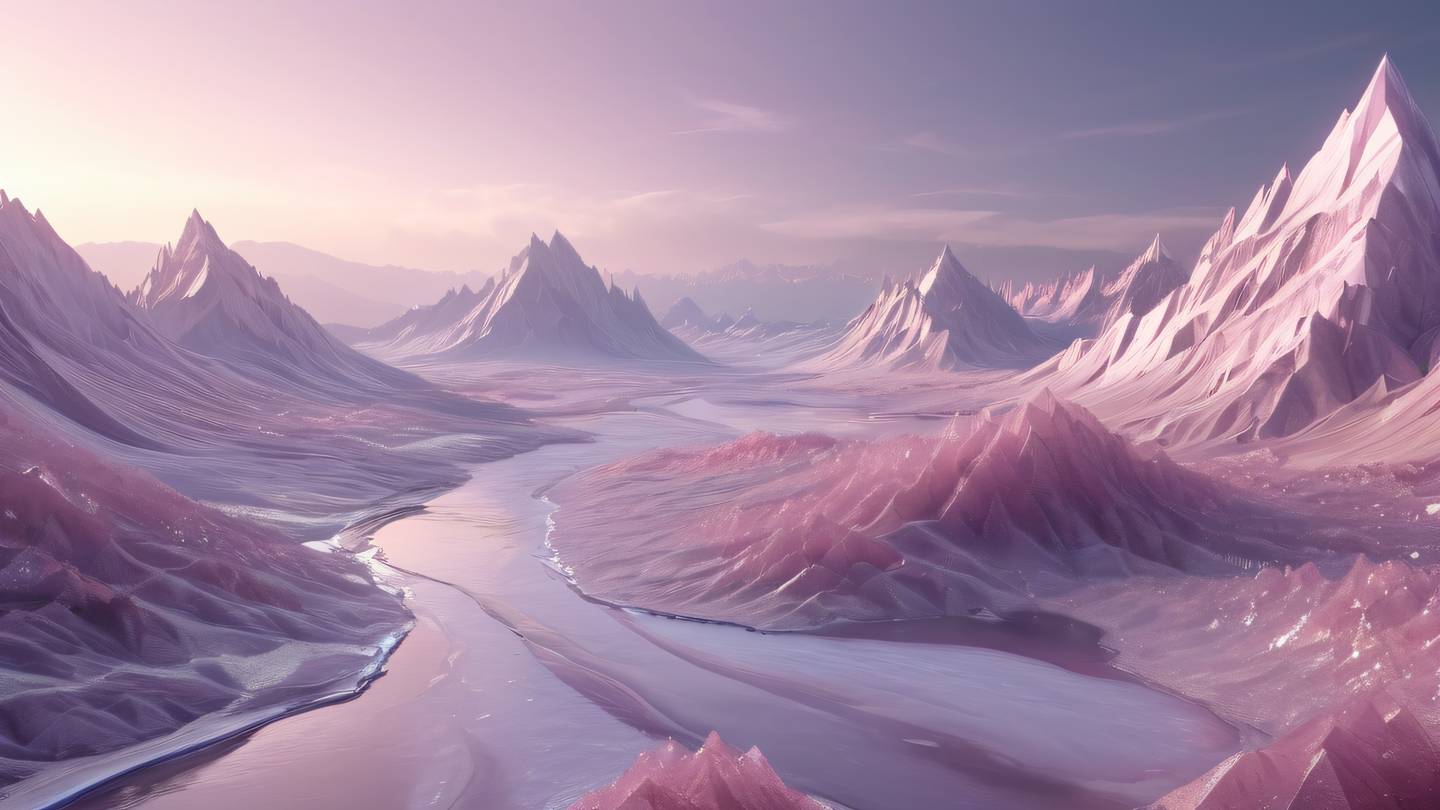 Abstract crystalline landscape with flowing digital rivers and geometric mountains in pale rose and dusty lavender colors with iridescent highlights high-quality ultra-realistic cinematic 8K UHD high resolution sharp and detail
