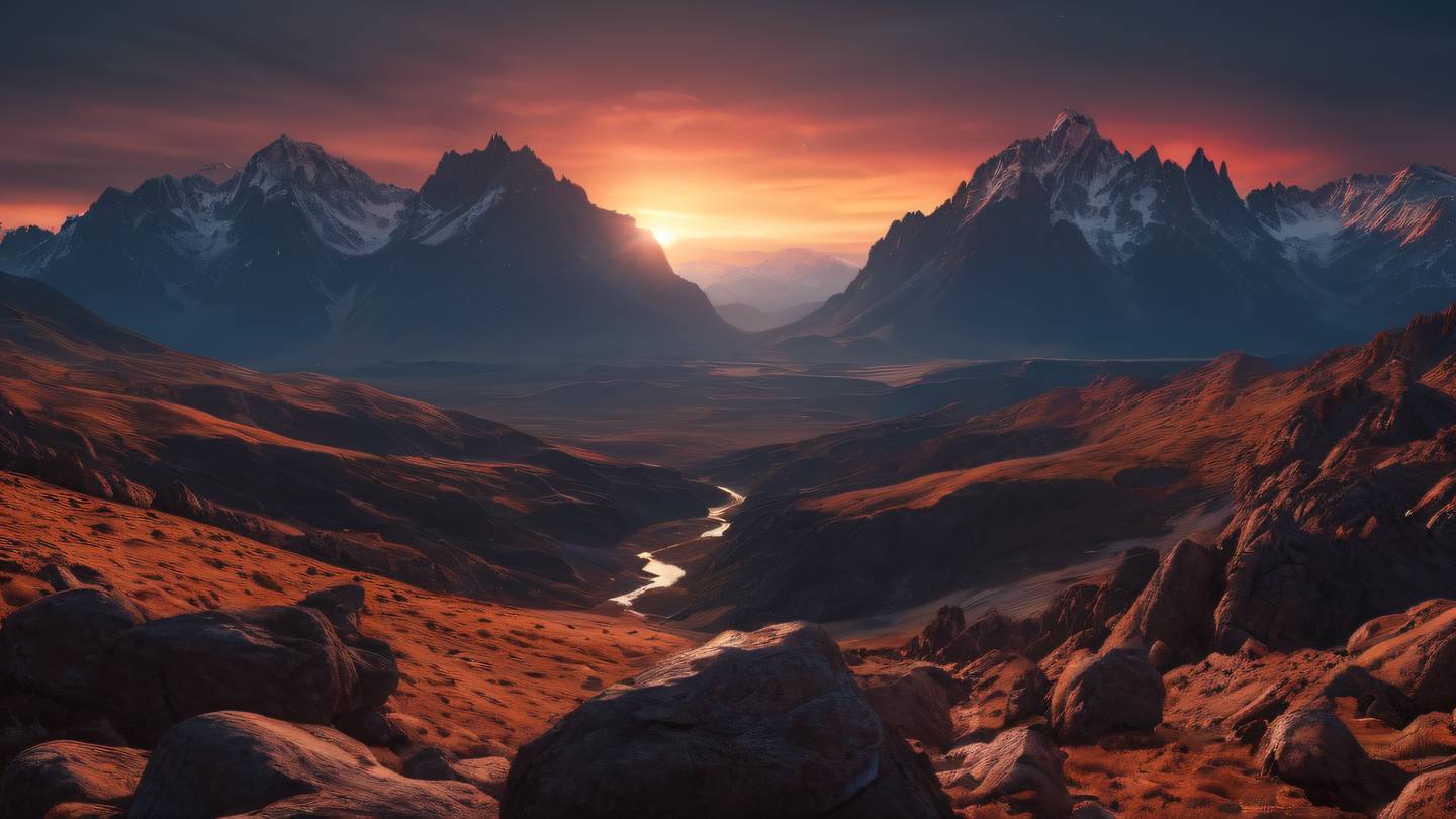 A surreal rocky mountain landscape split between day and night with the left side showing warm ochre tones and the right side displaying cool perfect red hues creating a natural representation of light and dark themes high-quality ultra-realistic cinematic 8K UHD high resolution sharp and detail