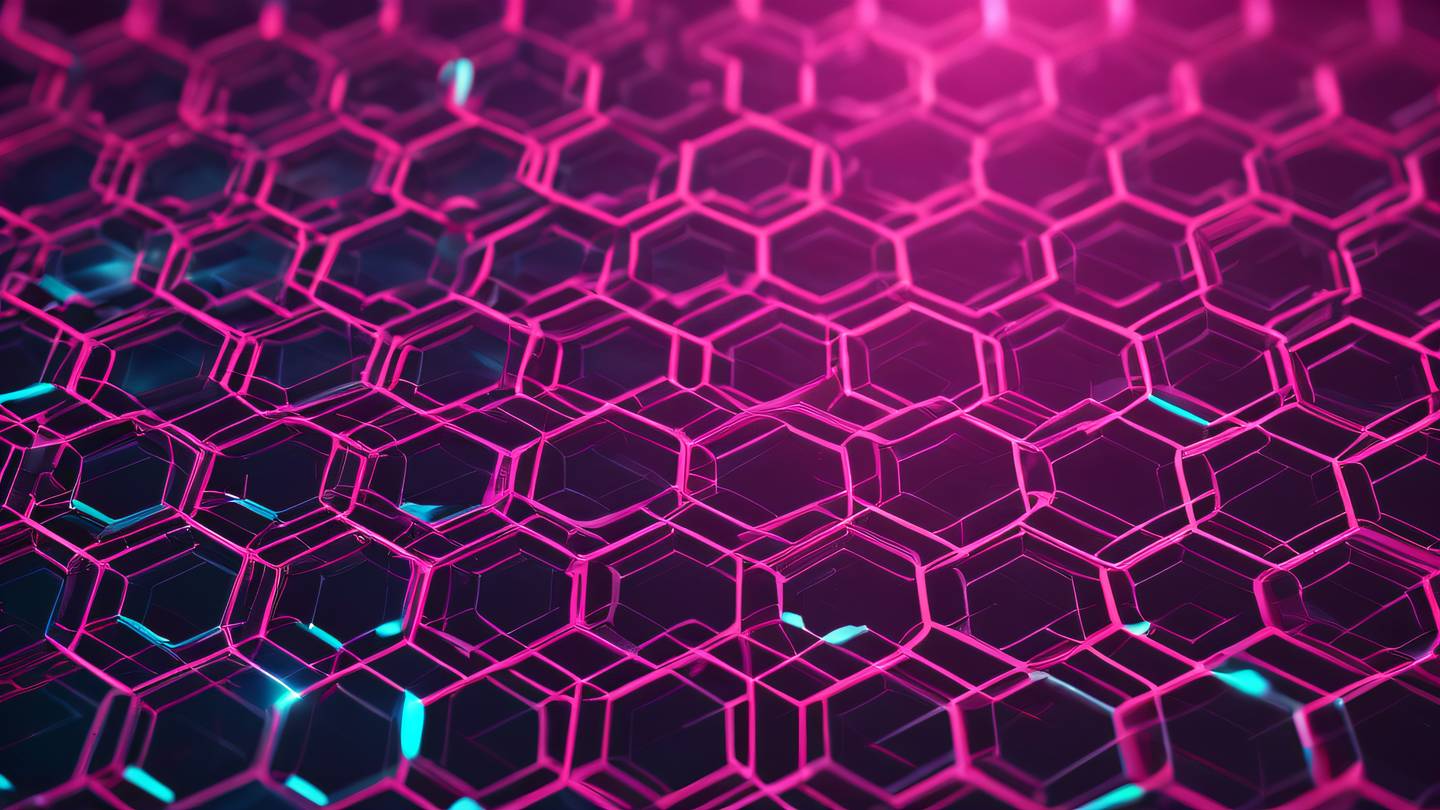 Geometric abstract pattern with interconnected hexagons and triangles in bright neon colors (pink yellow and cyan) flowing across the frame like a digital network high-quality ultra-realistic cinematic 8K UHD high resolution sharp and detailed