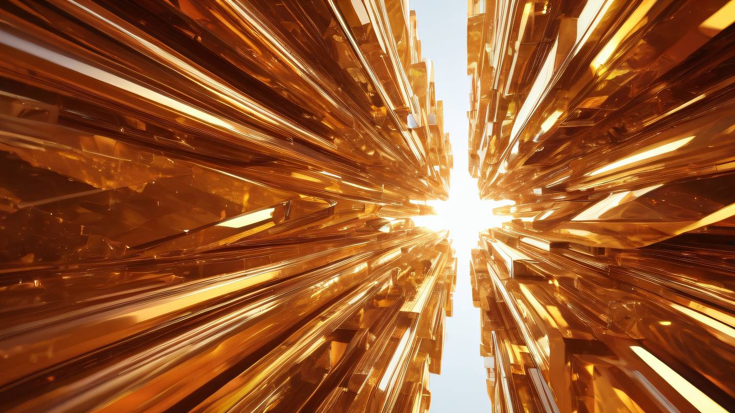 Abstract geometric crystalline structure with flowing energy patterns dominated by bright amber and copper tones reflecting light in multiple directions captured from a wide-angle perspective high-quality ultra-realistic cinematic 8K UHD
