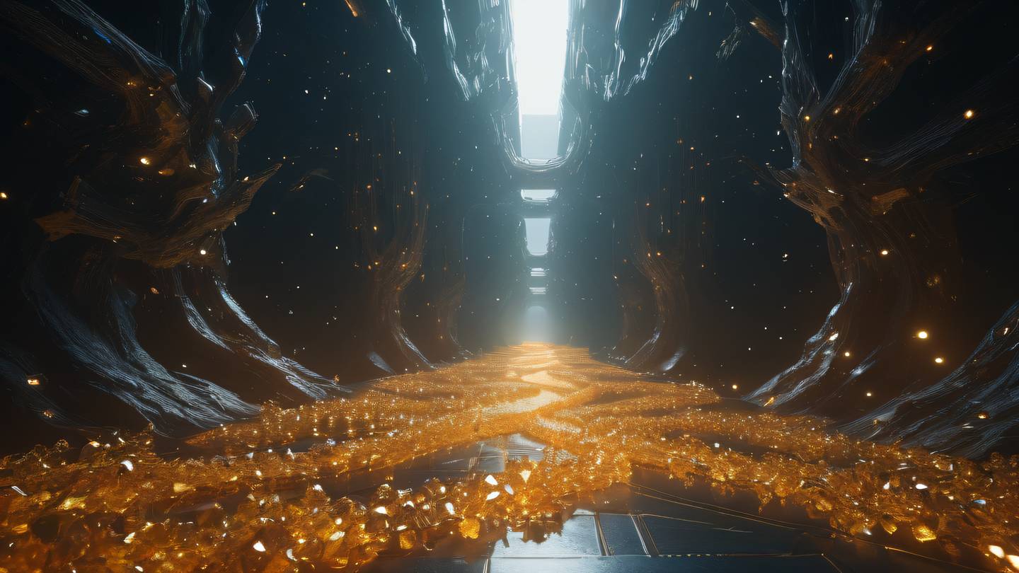A futuristic crystal pathway floating in space made of translucent amber crystals leading to multiple branching paths shot from a low angle perspective with dramatic lighting high-quality ultra-realistic cinematic 8K UHD high resolution sharp and detail