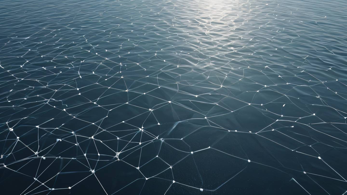 An abstract representation of interconnected geometric paths floating above a calm sea predominantly in silver and white tones captured from a bird's eye view high-quality ultra-realistic cinematic 8K UHD high resolution sharp and detail