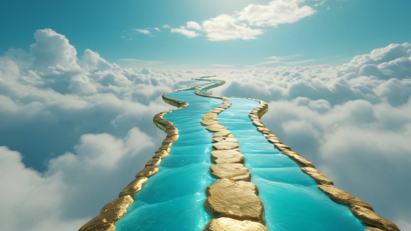 An abstract pathway made of floating gem-like structures in bright turquoise and gold leading through a serene cloudscape photographed from a sweeping side angle high-quality ultra-realistic cinematic 8K UHD high resolution sharp and detail