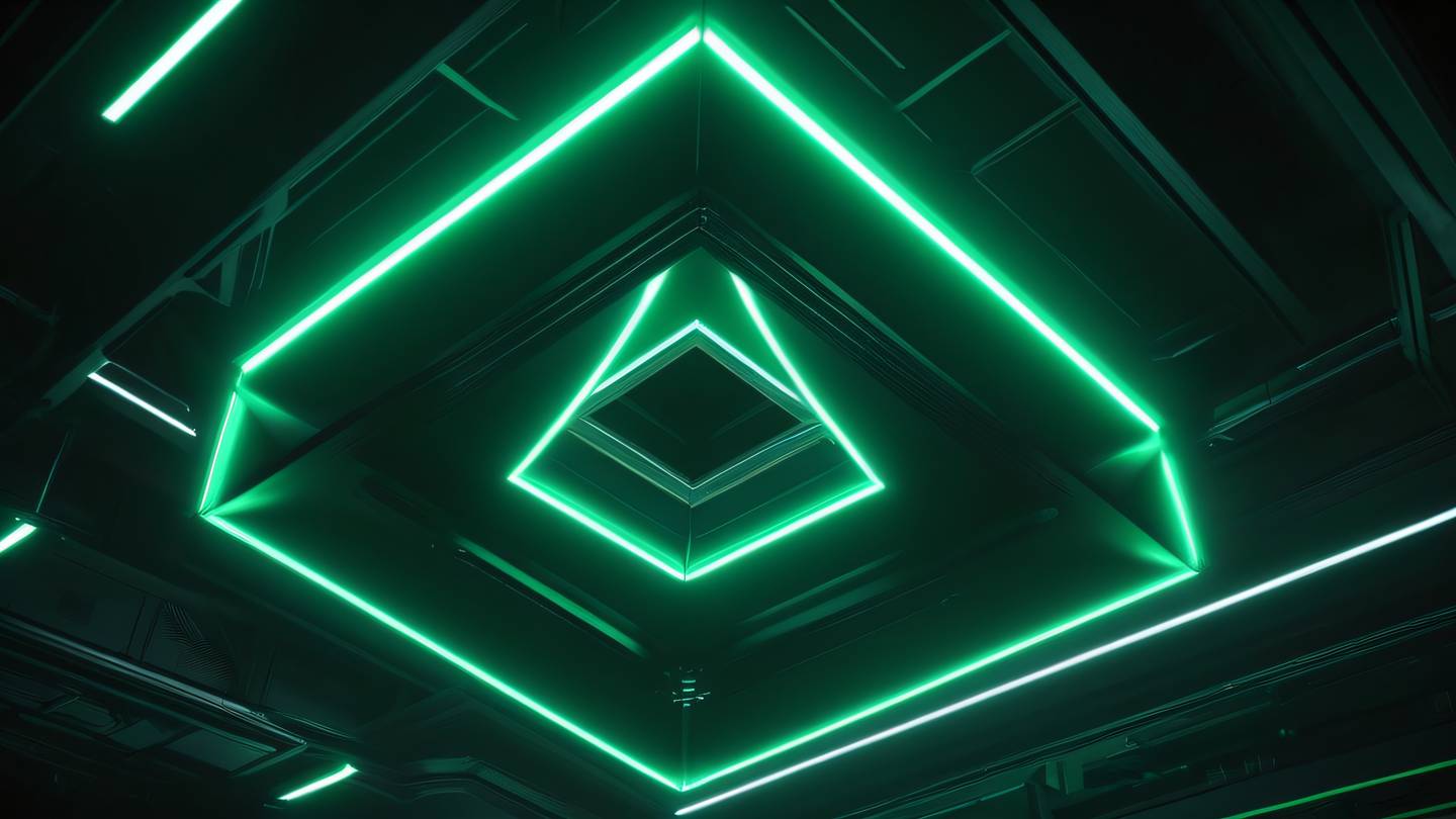 Futuristic geometric structure floating in space with Dark green and neon green lighting casting dynamic shadows viewed from a dramatic low angle perspective high-quality ultra-realistic cinematic 8K UHD high resolution sharp and detail