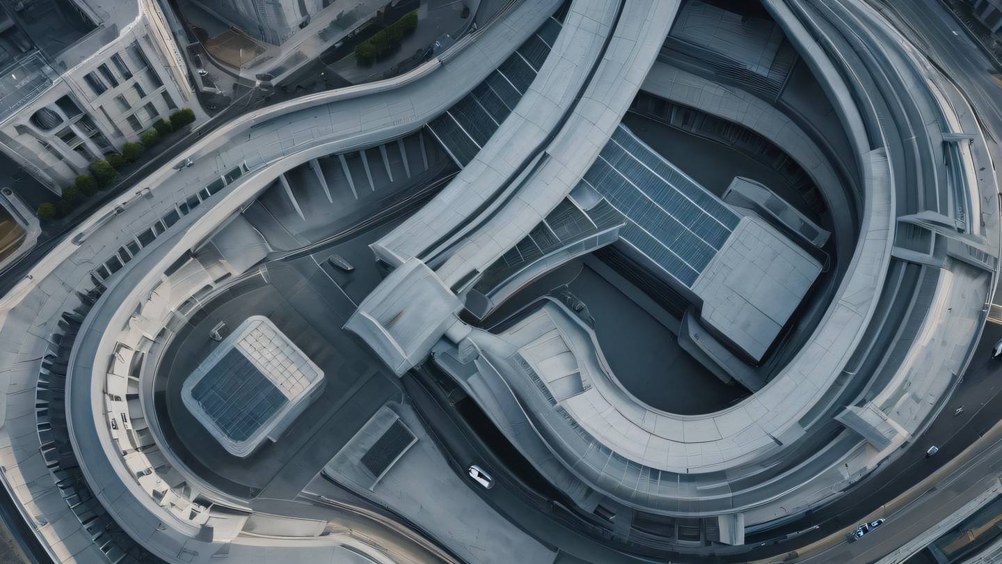 Abstract architectural forms with smooth curves and sharp angles featuring dusty blue and concrete colors with black accents photographed from an aerial perspective high-quality ultra-realistic cinematic 8K UHD high resolution sharp and detail