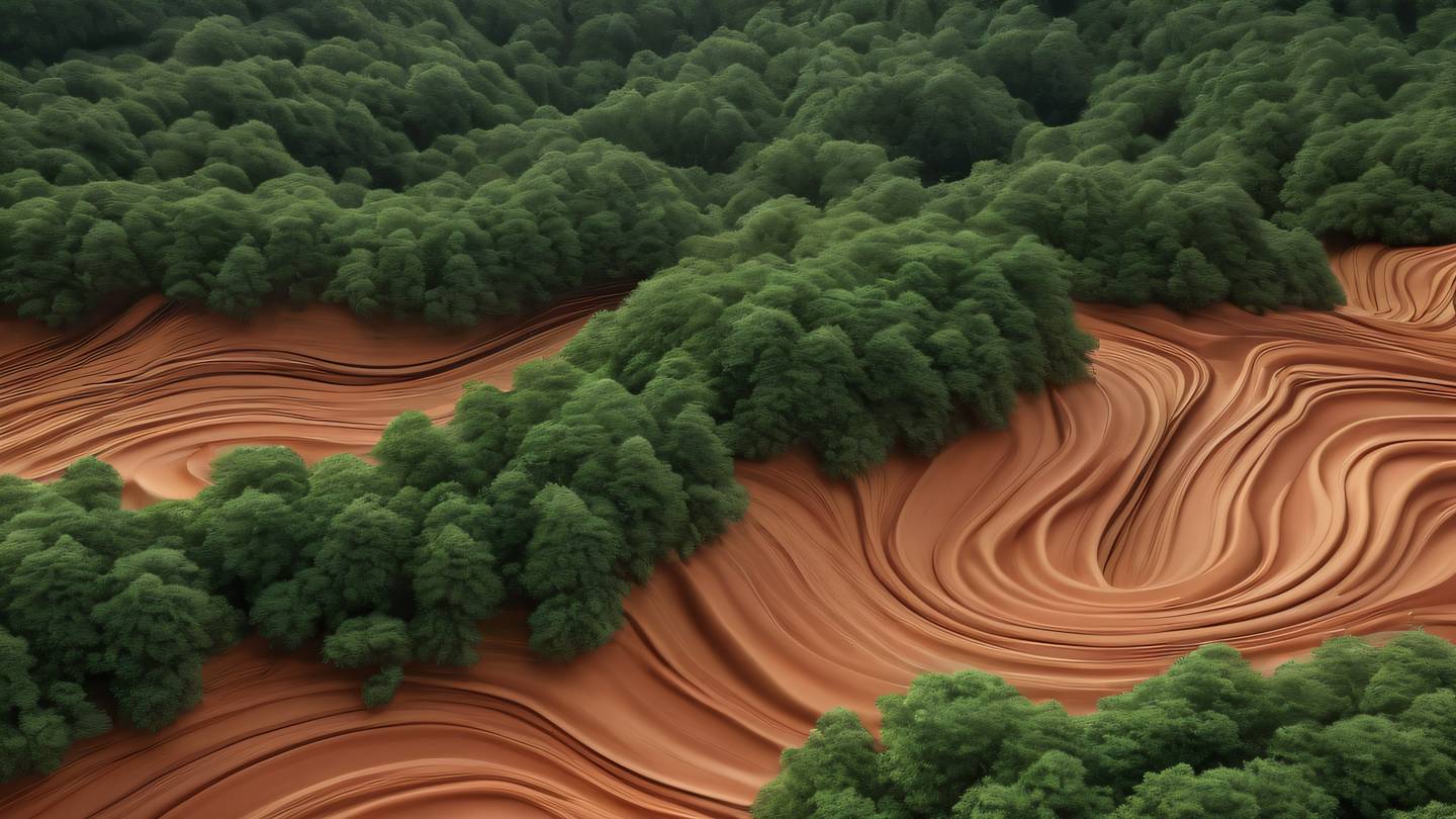 Organic flowing shapes resembling ocean waves and clouds with rustic terracotta transitioning into forest green tones captured from a side perspective with slight elevation high-quality ultra-realistic cinematic 8K UHD high resolution sharp and detail