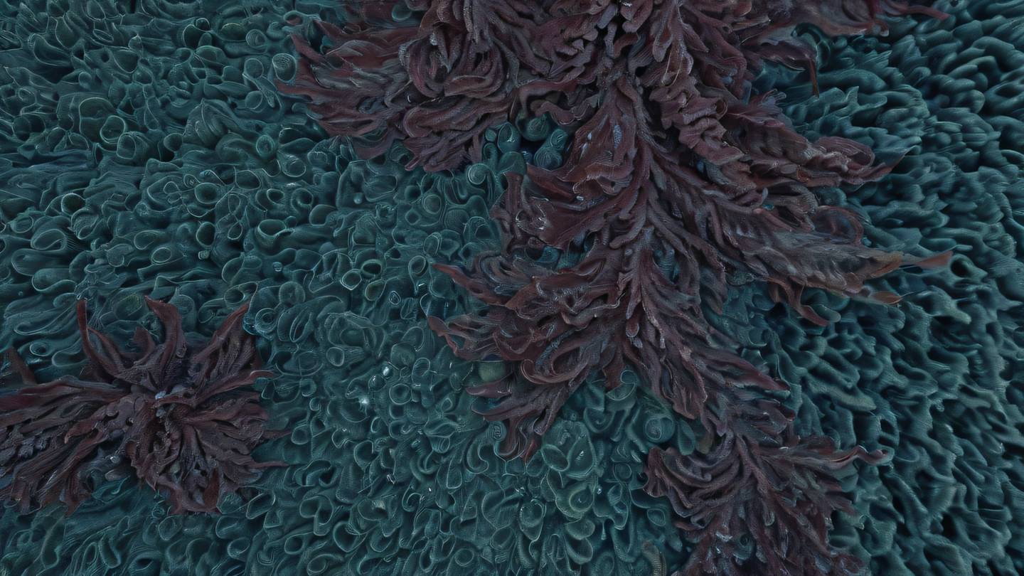 Organic texture pattern with flowing seaweed-like forms in maroon and stone blue colors creating a natural rhythm. Shot from a close-up macro perspective high-quality ultra-realistic cinematic 8K UHD high resolution sharp and detail