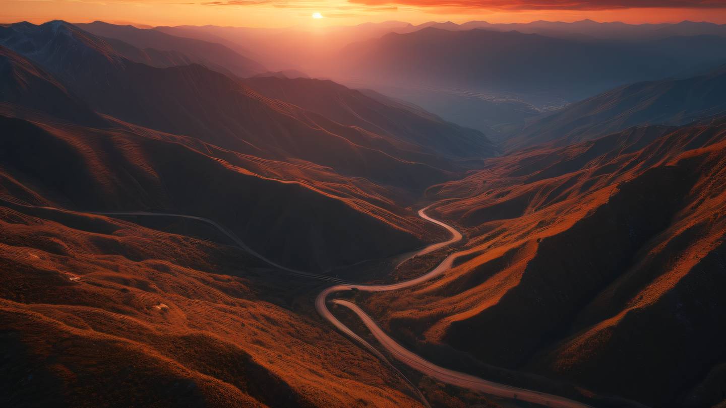 A majestic mountain valley with winding paths leading to multiple directions bright orange and blood red sunset casting dramatic shadows ultra-realistic cinematic 8K UHD high resolution sharp detail shot from aerial perspective