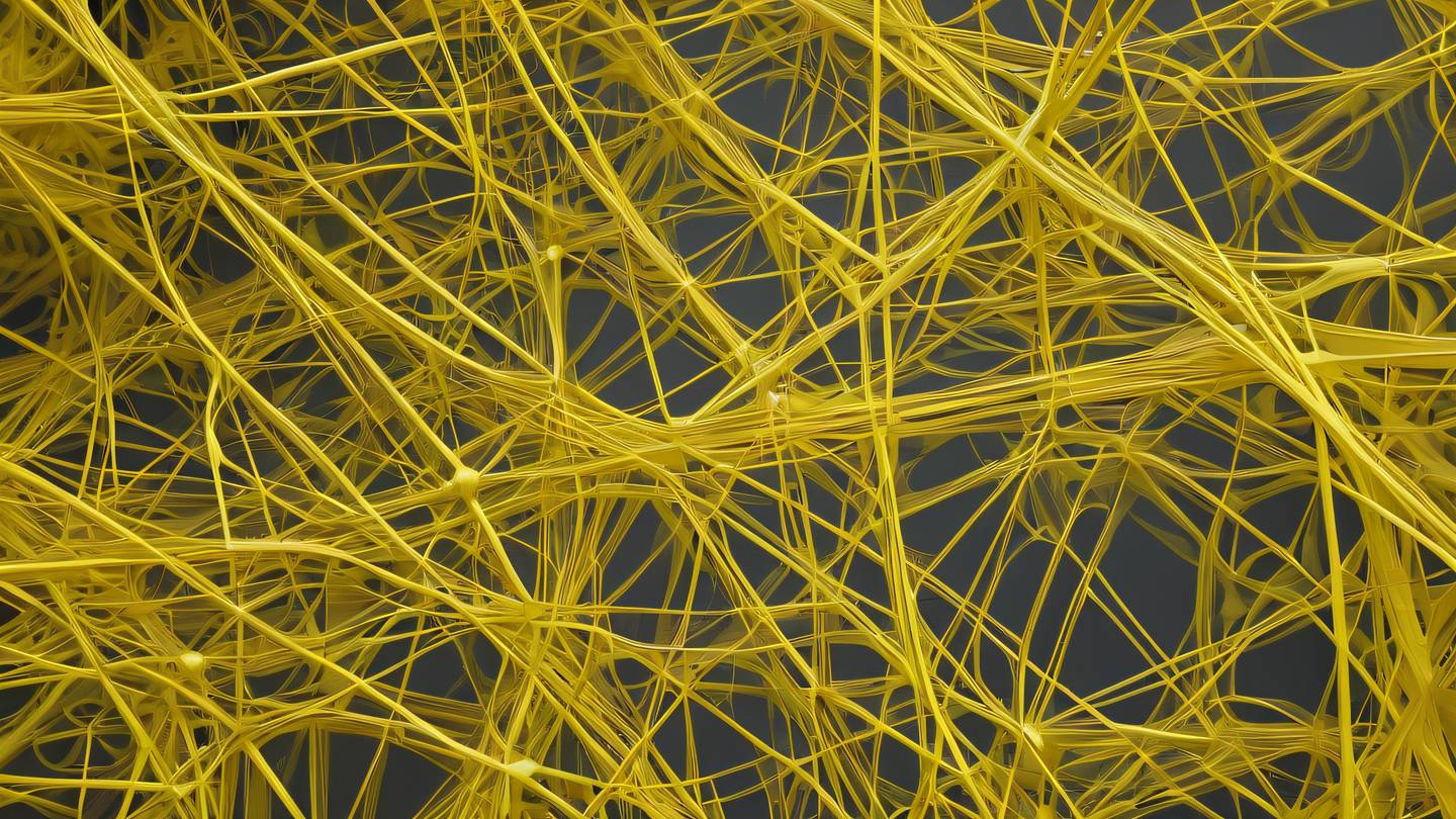 Abstract geometric patterns with interconnected nodes and flowing lines rendered in canary yellow and etched glass colors against a clean background. Captured from a top-down aerial perspective. high-quality ultra-realistic cinematic 8K UHD high resolution sharp and detail