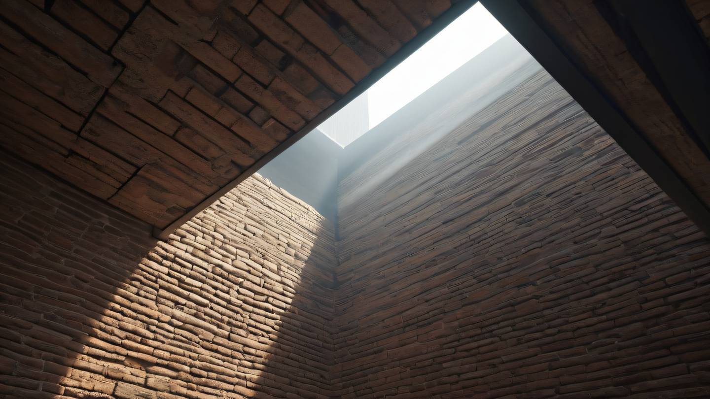 Light rays piercing through abstract architectural elements with sun-washed brick and off-black colors creating a striking contrast. Shot from an upward angle creating a sense of grandeur. high-quality ultra-realistic cinematic 8K UHD high resolution sharp and detail