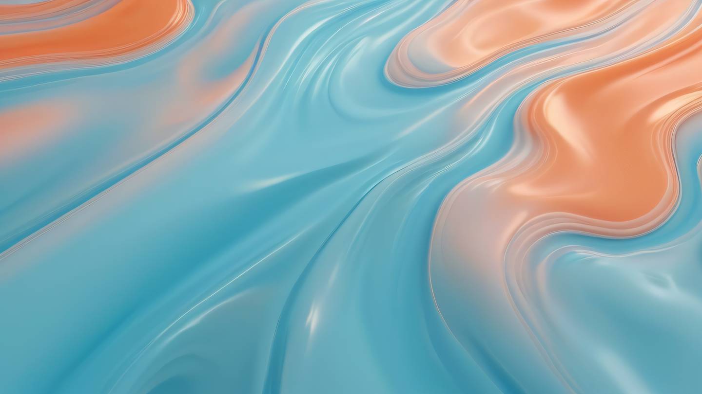 Abstract fluid shapes flowing in gentle waves featuring baby blue salmon-orange and peach colors intermingling in smooth transitions shot from top-down perspective high-quality ultra-realistic cinematic 8K UHD high resolution sharp and detail