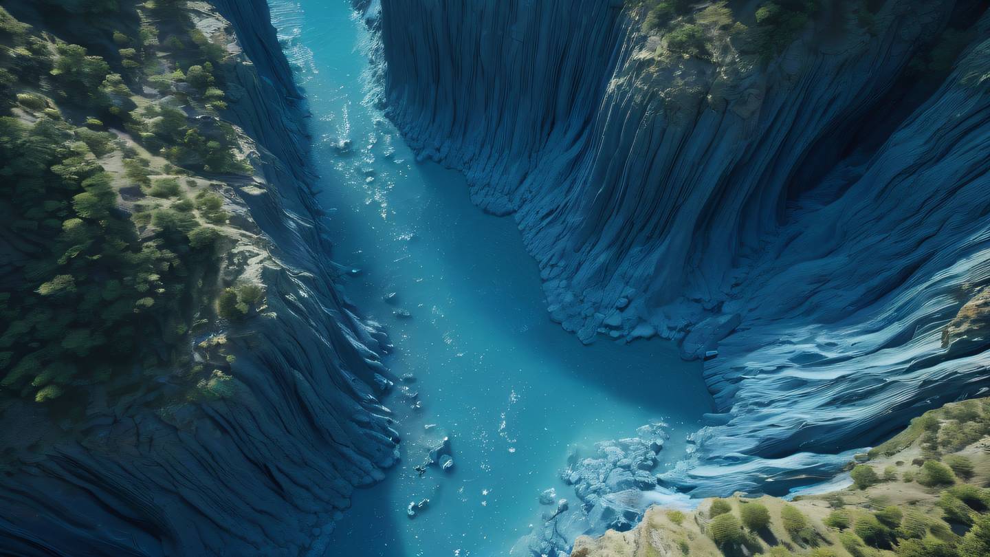 Flowing river of binary data through a canyon of blue crystal formations aerial view shot strong directional lighting high-quality ultra-realistic cinematic 8K UHD high resolution sharp and detail