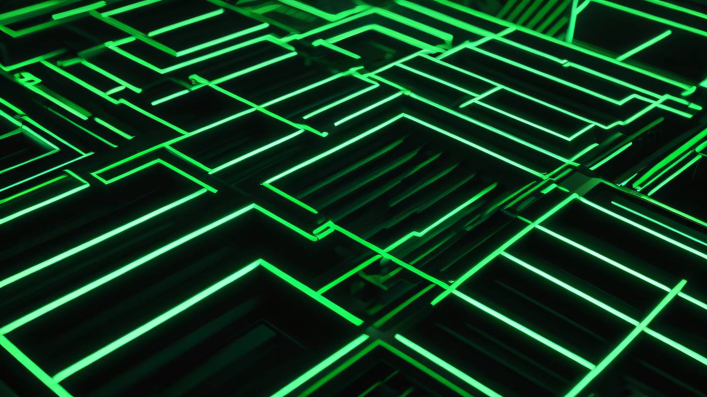 Abstract geometric patterns in bright neon green and black representing code architecture and system design shot from a diagonal angle with strong compositional lines high-quality ultra-realistic cinematic 8K UHD high resolution sharp and detail