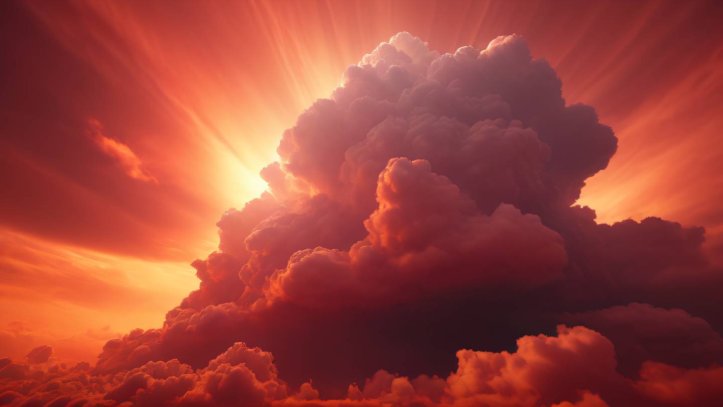 An abstract geometric cloud formation with bold orange and blood red gradients soft light rays piercing through captured from a low angle perspective high-quality ultra-realistic cinematic 8K UHD high resolution sharp and detail