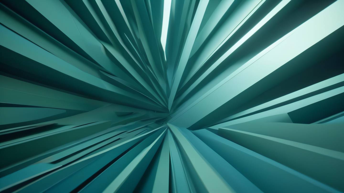 Abstract geometric patterns with interlocking shapes in cool blues and olive green tones casting long shadows ethereal light beams cutting through the composition shot from straight-on perspective high-quality ultra-realistic cinematic 8K UHD high resolution sharp and detail