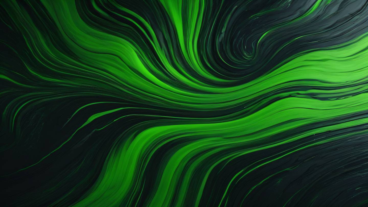 Brush stroke texture forming a flowing river-like pattern bright green and deep black colors blending organically photographed from bird's eye view high-quality ultra-realistic cinematic 8K UHD high resolution sharp and detail