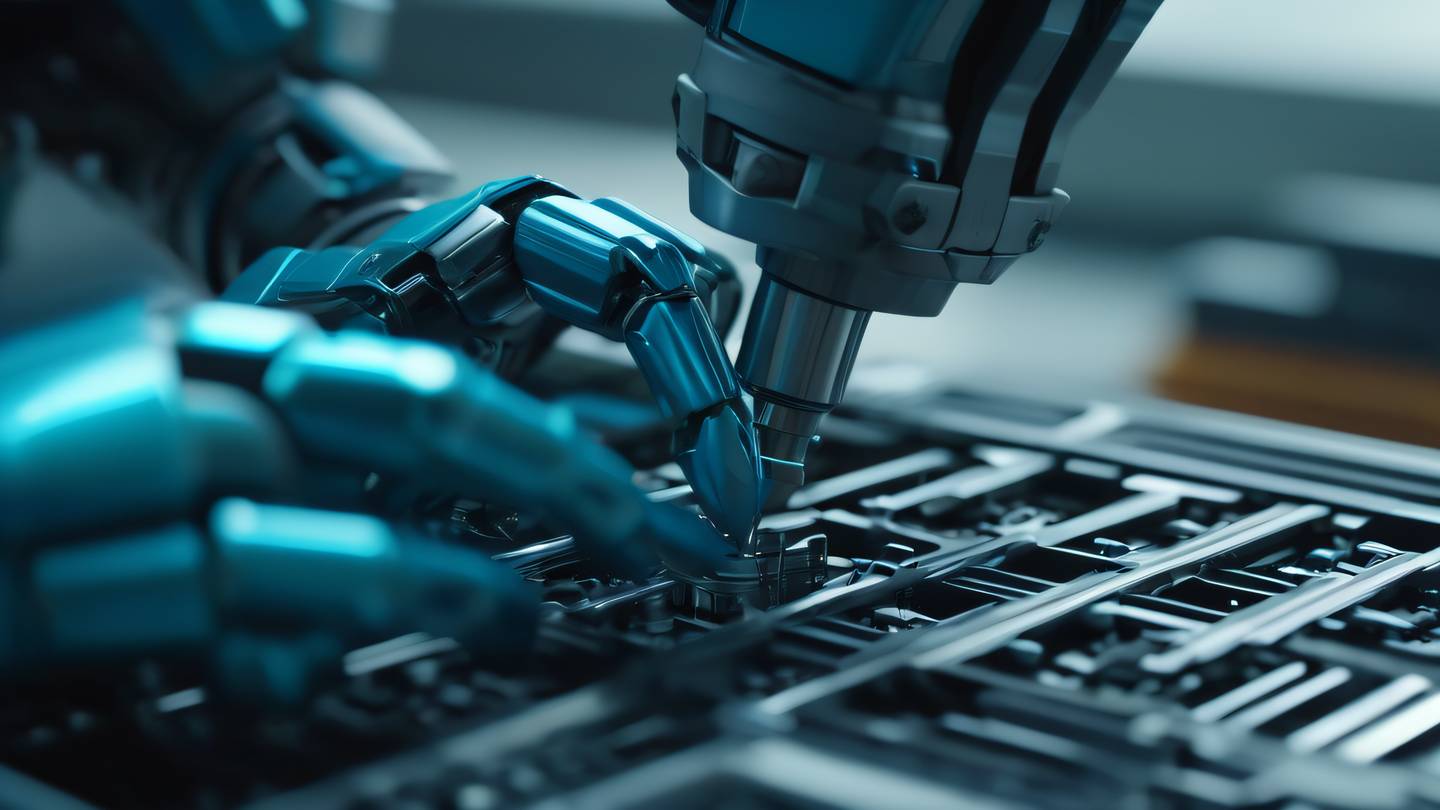 Robot mechanic carefully assembling abstract geometric patterns colored in cool tones of metallic blue and cyan shot from a closeup macro perspective with shallow depth of field high-quality ultra-realistic cinematic 8K UHD high resolution sharp and detail